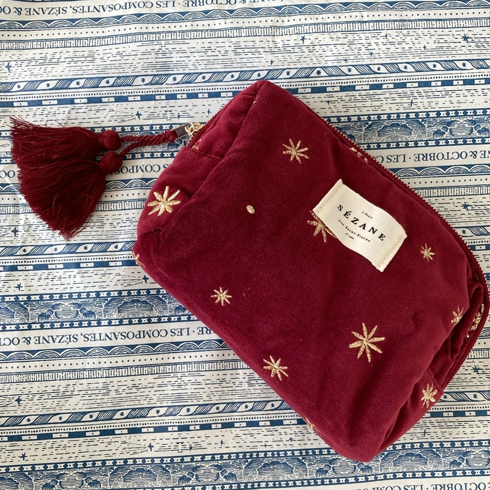 Sezane Burgundy Velvet Cosmetic Pouch with Gold Star Embroidery